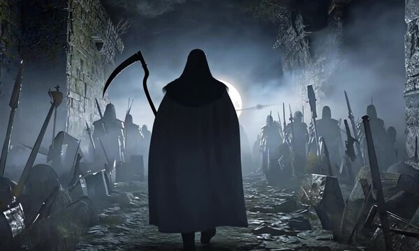 The grim reaper stands amidst ruins ancient battlefield. Fog rolls ground spectral soldiers rise graves follow him. His scythe glows faintly, absorbing the souls of the fallen