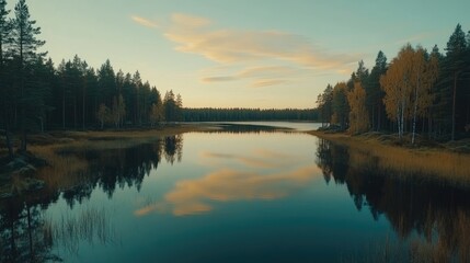 Serene Sunset Reflecting On Calm Forest Lake