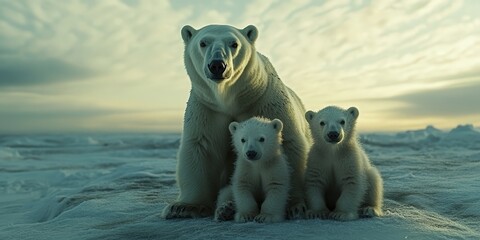 A mother polar bear with two cubs in the Arctic snow. Represents maternal care, Arctic wildlife, and the urgency of conservation efforts.