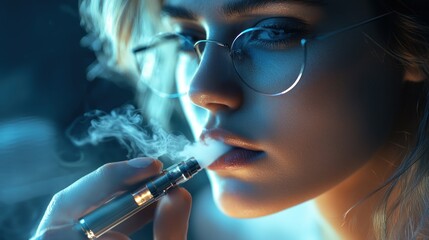 Fototapeta premium E-cigarette, Vapor, Smoke, Woman, Closeup, Modern, Blue Light, Portrait, Stylish, Glasses, Vape, Health, Night, Studio, Fashion, Beauty, Glamour, Mysterious, Intense