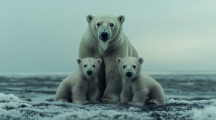 A mother polar bear with two cubs in the Arctic snow. Represents maternal care, Arctic wildlife, and the urgency of conservation efforts.