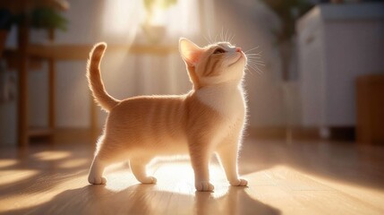 Playful ginger cat gazing upward in sunlit home indoor scene warm atmosphere captivating perspective