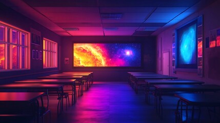 Empty Futuristic Classroom with Cosmic Lighting and Abstract Decor