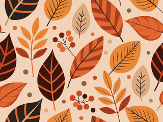 Minimalist Autumn Pattern with Stylized Leaves and Berries