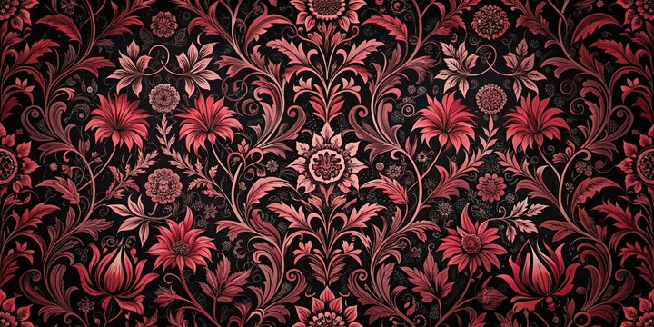 Intricate gothic-inspired floral pattern wallpaper with dark, mysterious calligraphy accents and rich berry red hues on a deep black background, black, berry tone