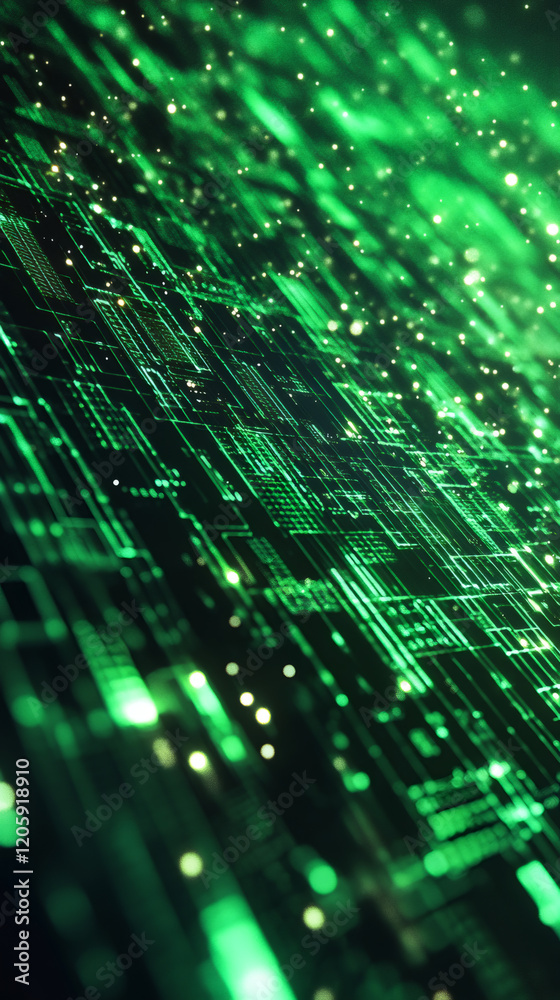 Aufkleber complex electronic circuit board transmitting data with glowing green lights and particles