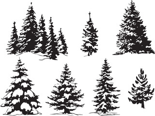A set of tree silhouettes for flat design. Hand drawn vector illustration