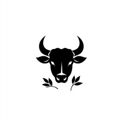Bull head, leaves, white background; farm, agriculture, strength, food