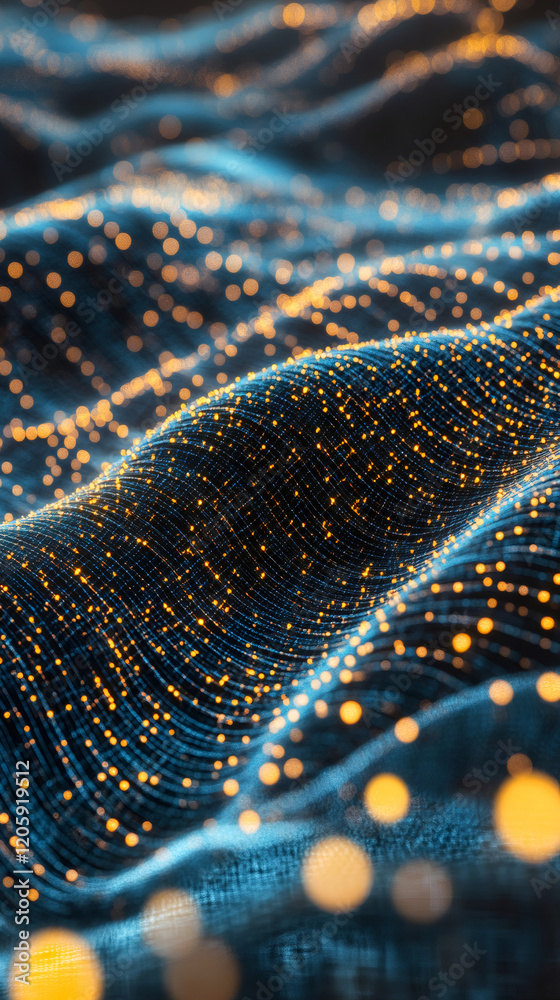 Poster abstract background with luminous particles flowing on a dark wavy surface, creating a mesmerizing d