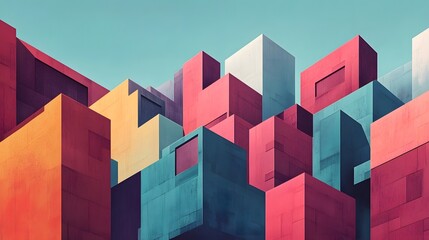 Vibrant Geometric Cityscape with Futuristic Cubist Architecture