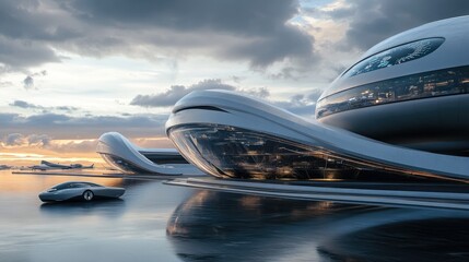 Obraz premium Futuristic Cityscape Featuring Sleek Vehicles and Modern Architecture