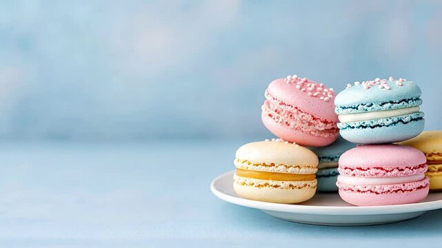 Colorful macarons on a plate against a soft blue background