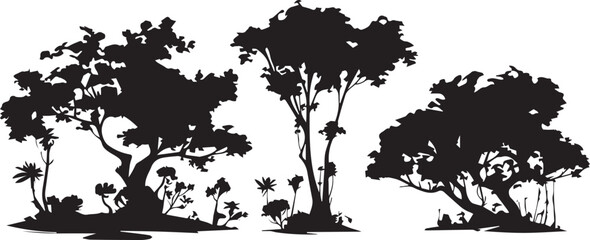 A set of tree silhouettes for flat design. Hand drawn vector illustration