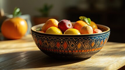 A handmade ceramic bowl with intricate tribal patterns, filled with colorful fruits, placed on a wooden table in soft natural light
