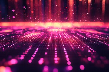 Fototapeta premium A glowing neon grid highlighting a discount offer, with abstract digital patterns and radiant lines creating a futuristic and eye-catching promotional display.