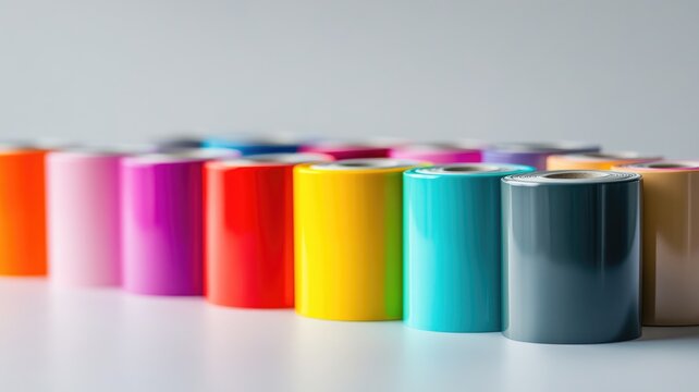 Colorful assortment of vinyl rolls displayed on white surface