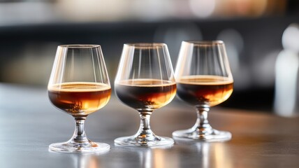 Three glasses filled with amber-colored liquid on counter, each reflecting light