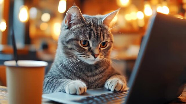 A curious tabby cat working on a laptop in a cozy cafe