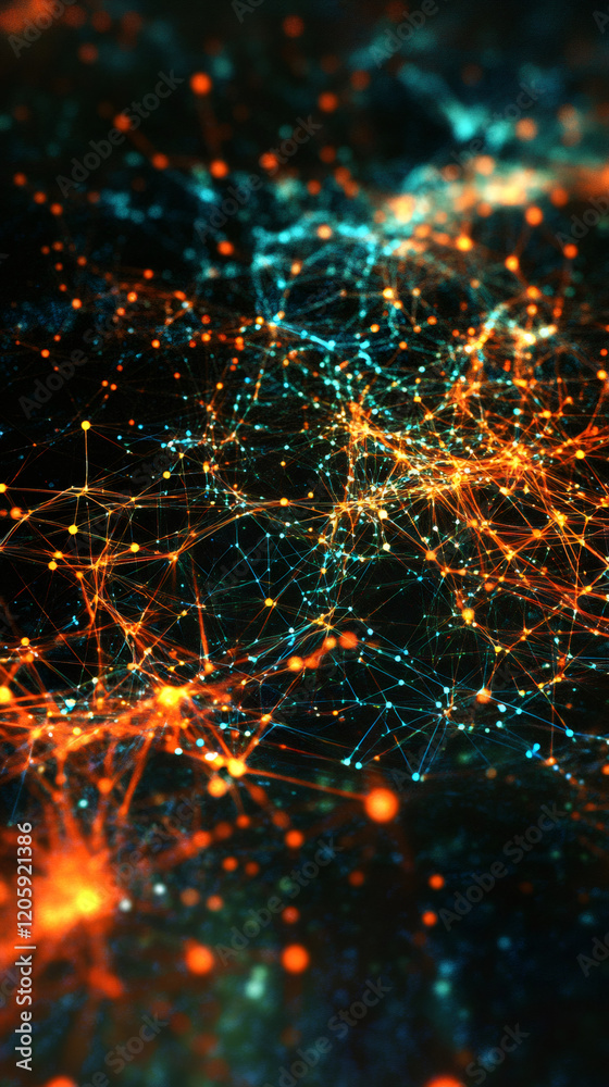 Fototapete plexus network creating complex connections with orange and blue lights on a black background, perfe