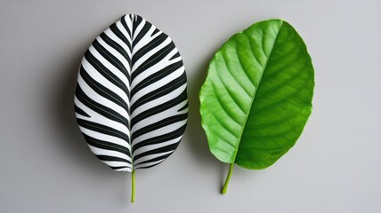 Obraz premium Contrast between black-and-white striped leaf and green on white background