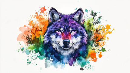 A bold watercolor wolf face with expressive purples and blues, surrounded by colorful splashes and stylized green and orange trees. 