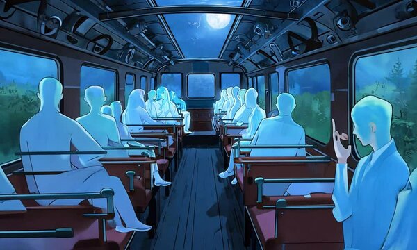 A mysterious train appears at midnight, and passengers aboard are unknowingly ghosts reliving their final moments, anime-style