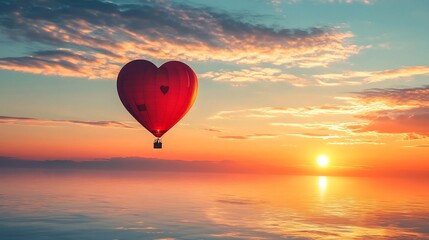 Obraz premium Heart Shaped Hot Air Balloon Drifting at Sunset Over Serene Lake Reflection