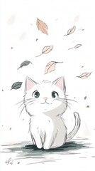 Adorable White Kitten Watching Falling Autumn Leaves - Cute Cat Illustration for Kids Room Decor