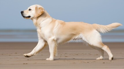 Golden retriever dog walking on beach natural scene animal photography outdoor side view joyful moments