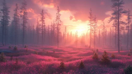 Fotobehang Pink sunrise forest, misty meadow, idyllic landscape © TITISCAHYA