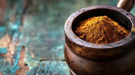 Freshly Ground Coffee Powder in Rustic Grinder