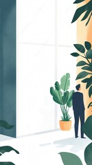 Obraz premium Businessman Contemplating in Modern Office with Indoor Plants and Natural Light