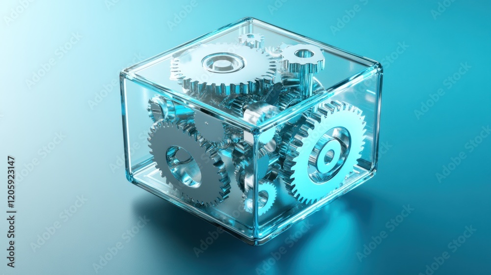 Fototapete glass cube with interlocking gears: a 3d render of precision and mechanism