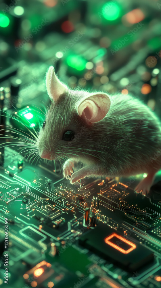 Poster laboratory mouse walking on an electronic circuit board, illuminated by green and orange lights, exp