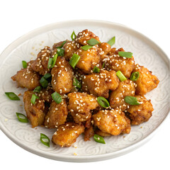 a plate of crispy honey sesame chicken on transparent background