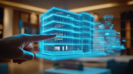 A hand interacts with a digital building model design
