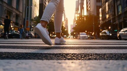 Person Walking on Crosswalk in City Street during Sunset with Urban Landscape and Warm Light