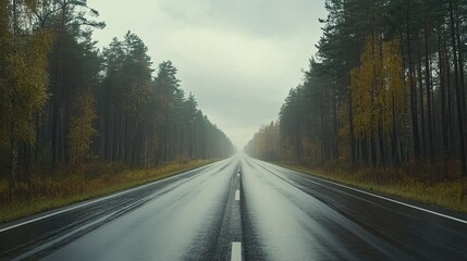Naklejka premium Wet Road Through Autumnal Forest Under A Gray Sky
