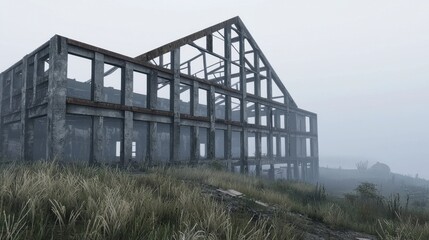 Fototapeta premium Abandoned Building in Foggy Landscape with Overgrown Grass and Crumbling Structure