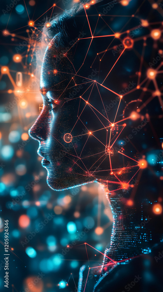 Aufkleber Artificial intelligence forming a digital face made of data points and lines, symbolizing machine learning and neural networks