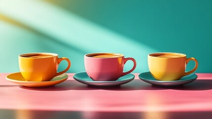 Colorful Ceramic Mugs on Minimalist Tabletop Setting