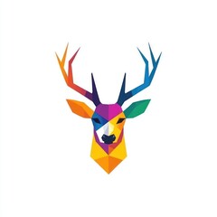 Naklejka premium Colorful geometric deer head, nature symbol, white background, logo design