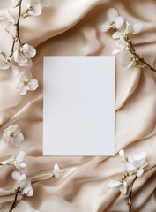 Blank white card, on top of elegant beige fabric with delicate floral elements. The background is soft and muted in color to create contrast against the card's simplicity