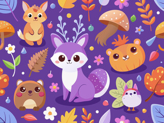 Fototapeta premium Cute Woodland Animals Pattern on Purple Background