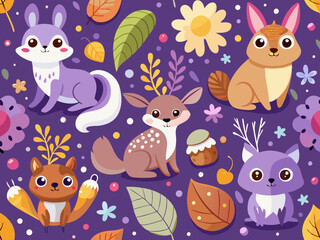 Fototapeta premium Cute Woodland Animals Pattern on Purple Background