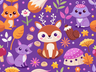 Cute Woodland Animals Pattern on Purple Background