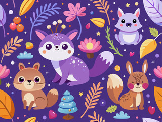 Cute Woodland Animals Pattern on Purple Background