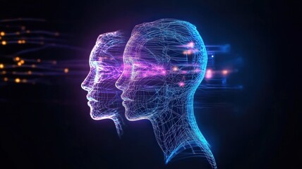 Dual wireframe profiles with neon light effects, highlighting advanced AI-driven deep fake technology and digital data flow