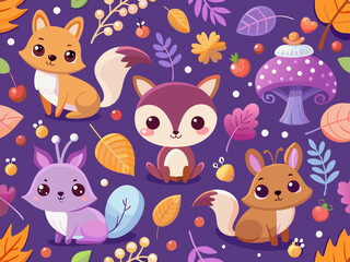 Fototapeta premium Cute Woodland Animals Pattern on Purple Background