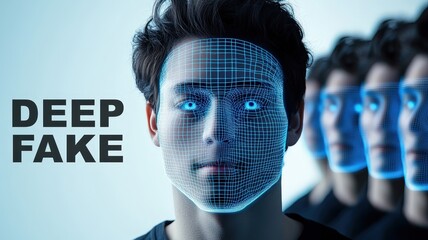 A man with glowing blue facial grid and multiple clones in the background emphasizing deepfake AI technology